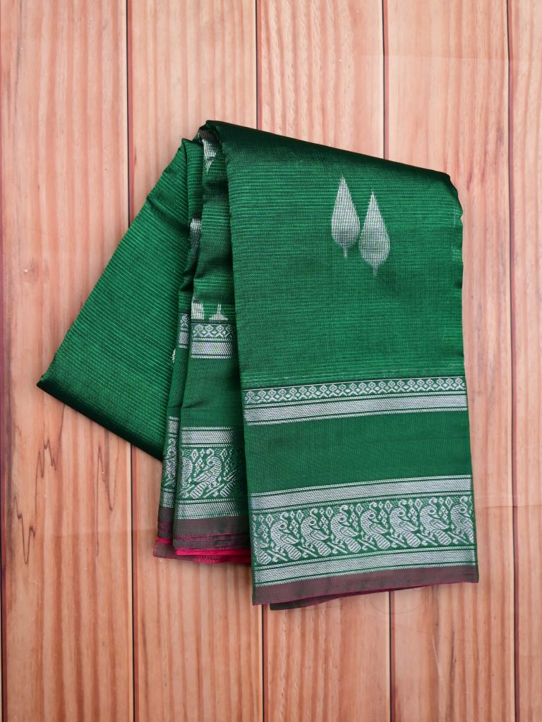 Mangalagiri pattu saree bottle green color allover zari weaves & zari border with rich pallu and plain contrast blouse