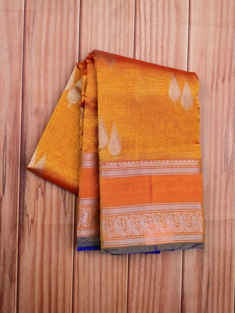 Mangalagiri pattu saree golden yellow color allover zari weaves & zari border with rich pallu and plain contrast blouse