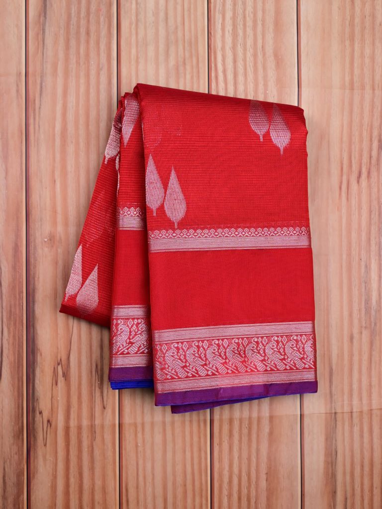 Mangalagiri pattu saree red color allover zari weaves & zari border with rich pallu and plain contrast blouse