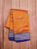 Mangalagiri pattu saree golden yellow color allover zari weaves & zari border with rich pallu and plain contrast blouse