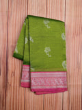 Mangalagiri pattu saree parrot green color allover zari weaves & zari border with rich pallu and plain contrast blouse