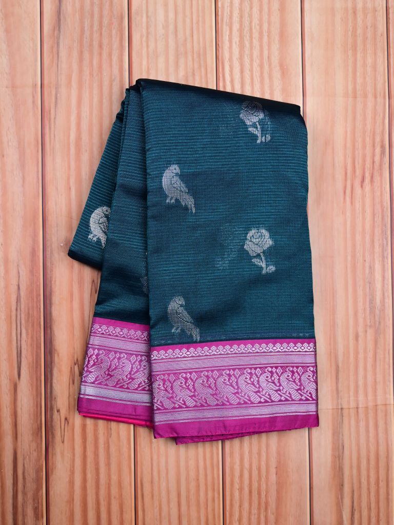 Mangalagiri pattu saree grey color allover zari weaves & zari border with rich pallu and plain contrast blouse