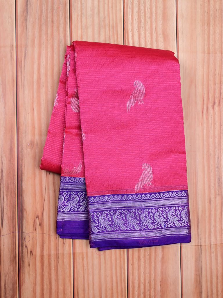 Mangalagiri pattu saree coral pink color allover zari weaves & zari border with rich pallu and plain contrast blouse