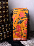 Maheswari fancy saree golden yellow color allover prints & small zari border with short pallu and plain contrast blouse