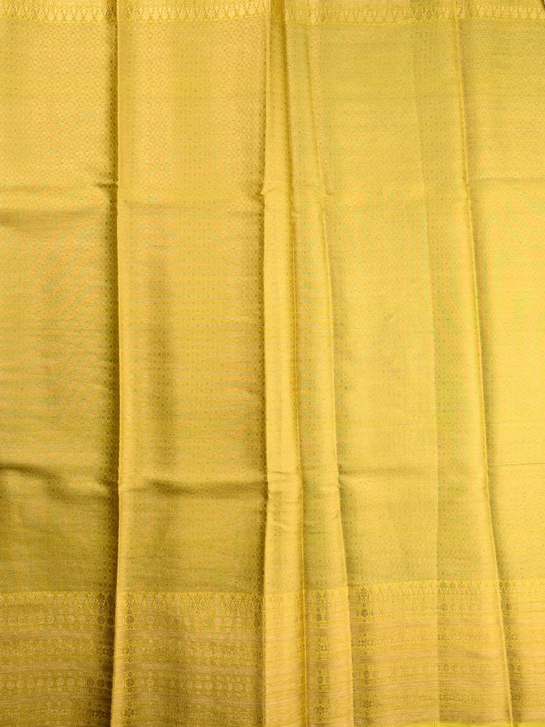 Kora georgette saree sea green and yellow color with allover gold zari weaves, big zari border, short pallu and brocade blouse
