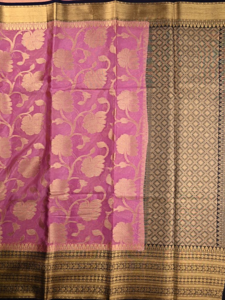 Kora georgette saree onion pink and navy blue color with allover gold zari weaves, big zari border, short pallu and brocade blouse