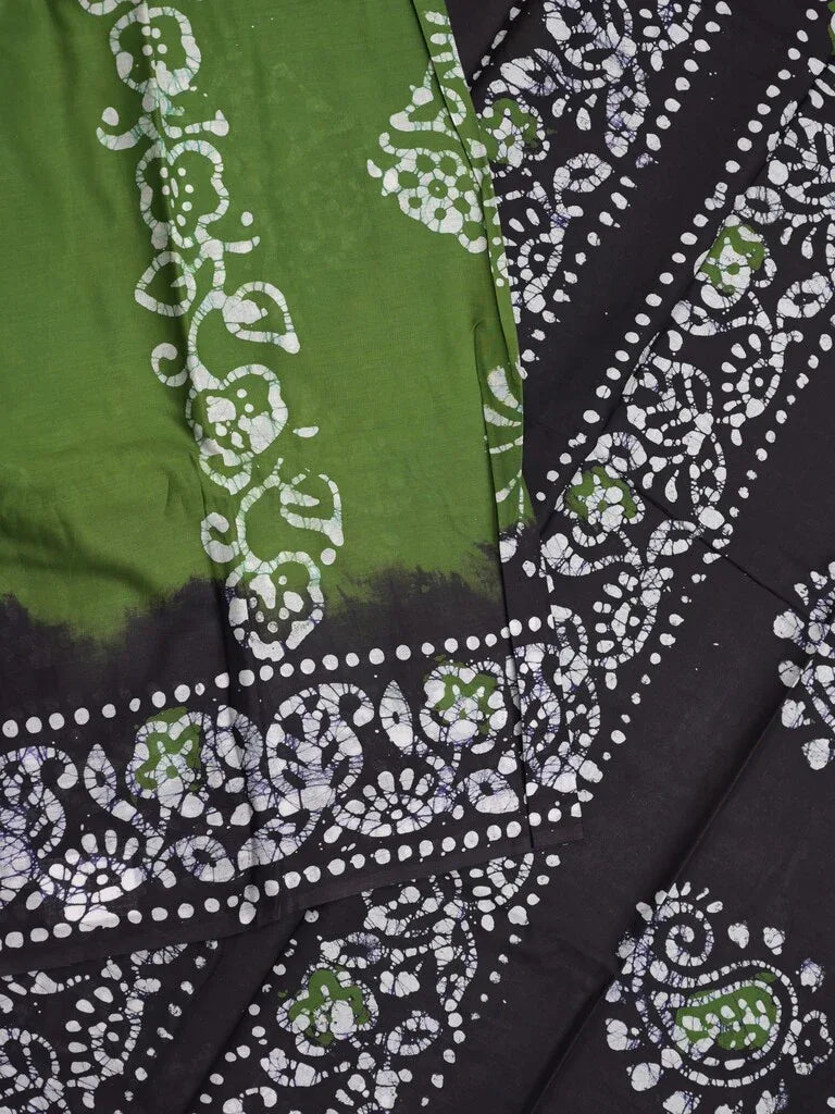 Maheswari cotton saree green color allover bathik prints & printed border with printed pallu and plain blouse