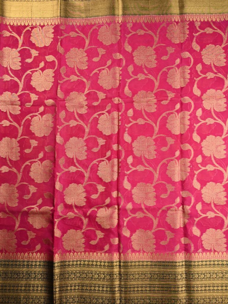 Kora georgette saree pink and green color with allover gold zari weaves, big zari border, short pallu and brocade blouse