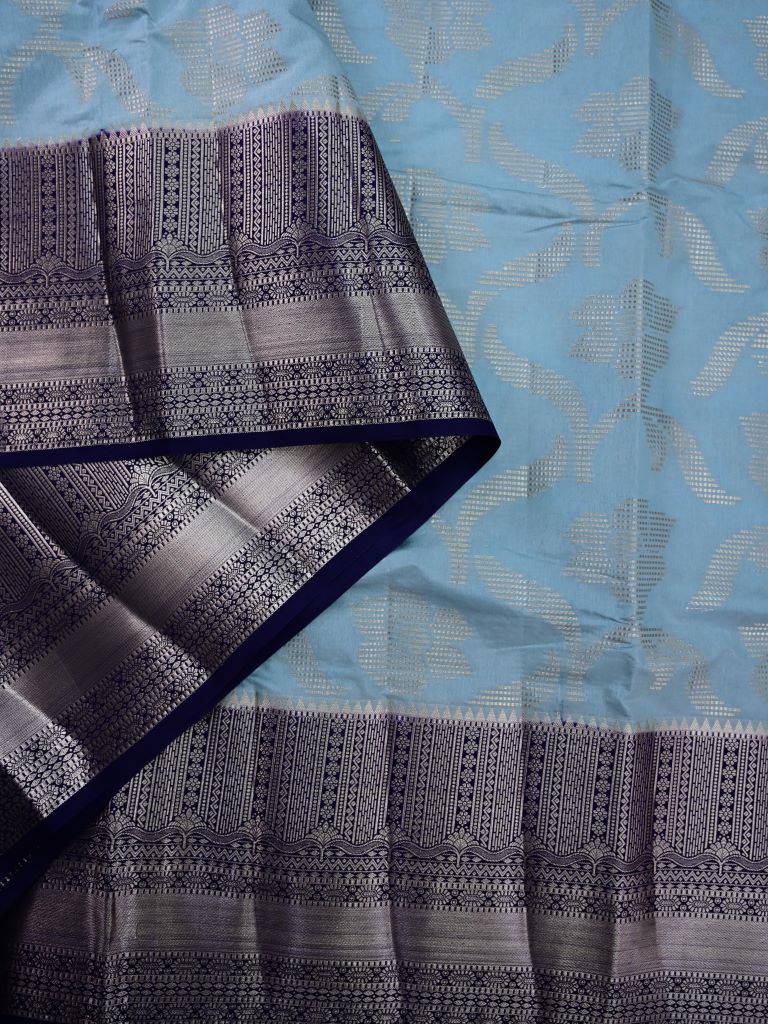 Banaras fancy saree sea blue color allover zari weaves & zari border with rich pallu and contrast brocade blouse