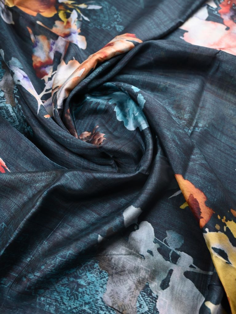 Soya silk saree blue color with allover multi color floral prints, small contrast border and plain blouse