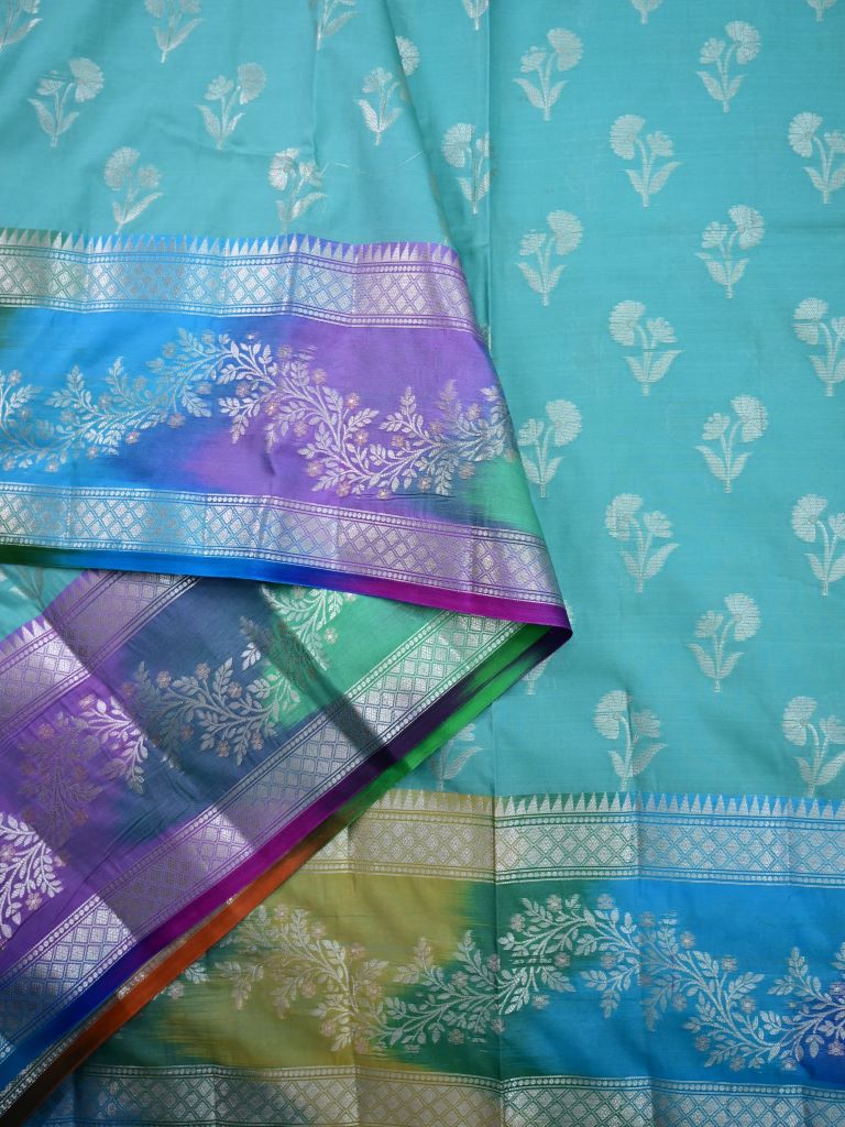 Banaras fancy saree light blue color allover zari weaves & zari border with rich pallu and attached blouse