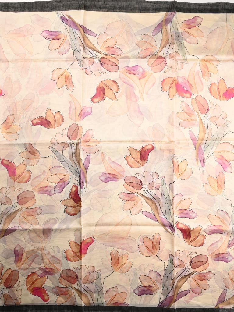 Soya silk saree half white color with allover multi color floral prints, small contrast border and plain blouse
