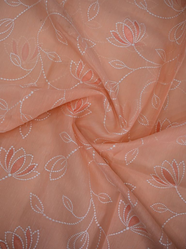 Chanderi fancy saree peach color with allover weaves & zari border with short pallu and plain blouse