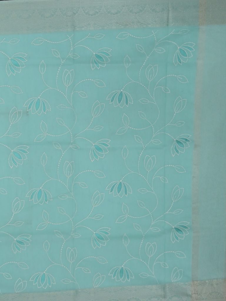 Chanderi fancy saree light blue color with allover weaves & zari border with short pallu and plain blouse