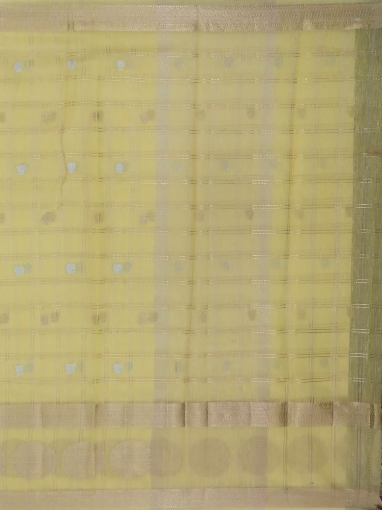 Kota tissue fancy saree light yellow color allover zari checks , motifs & zari border with short pallu and attached blouse