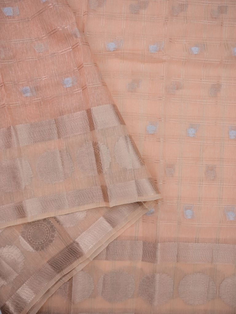 Kota tissue fancy saree light orange color allover zari checks , motifs & zari border with short pallu and attached blouse