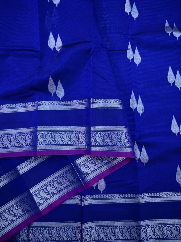 Mangalagiri pattu saree royal blue color allover zari weaves & zari border with rich pallu and plain contrast blouse