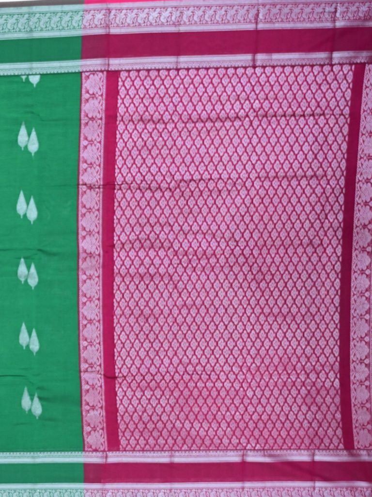 Mangalagiri pattu saree bottle green color allover zari weaves & zari border with rich pallu and plain contrast blouse