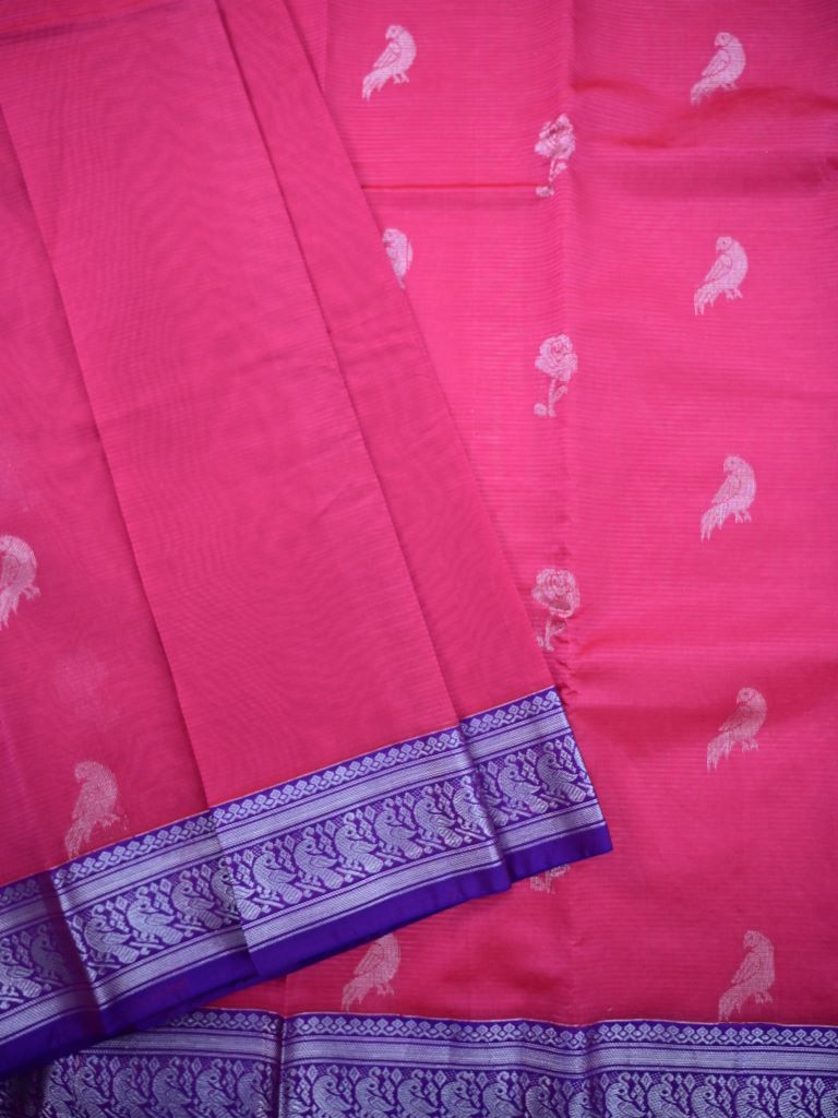 Mangalagiri pattu saree coral pink color allover zari weaves & zari border with rich pallu and plain contrast blouse