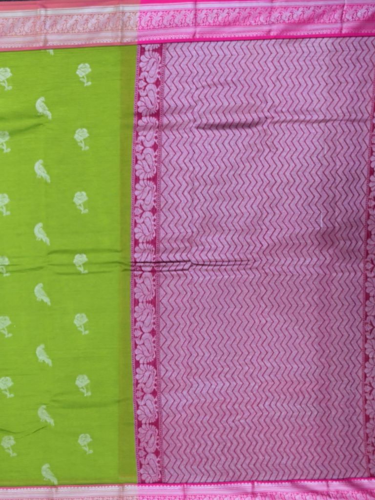 Mangalagiri pattu saree parrot green color allover zari weaves & zari border with rich pallu and plain contrast blouse