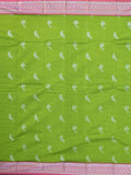 Mangalagiri pattu saree parrot green color allover zari weaves & zari border with rich pallu and plain contrast blouse