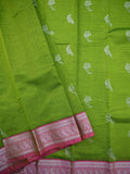 Mangalagiri pattu saree parrot green color allover zari weaves & zari border with rich pallu and plain contrast blouse