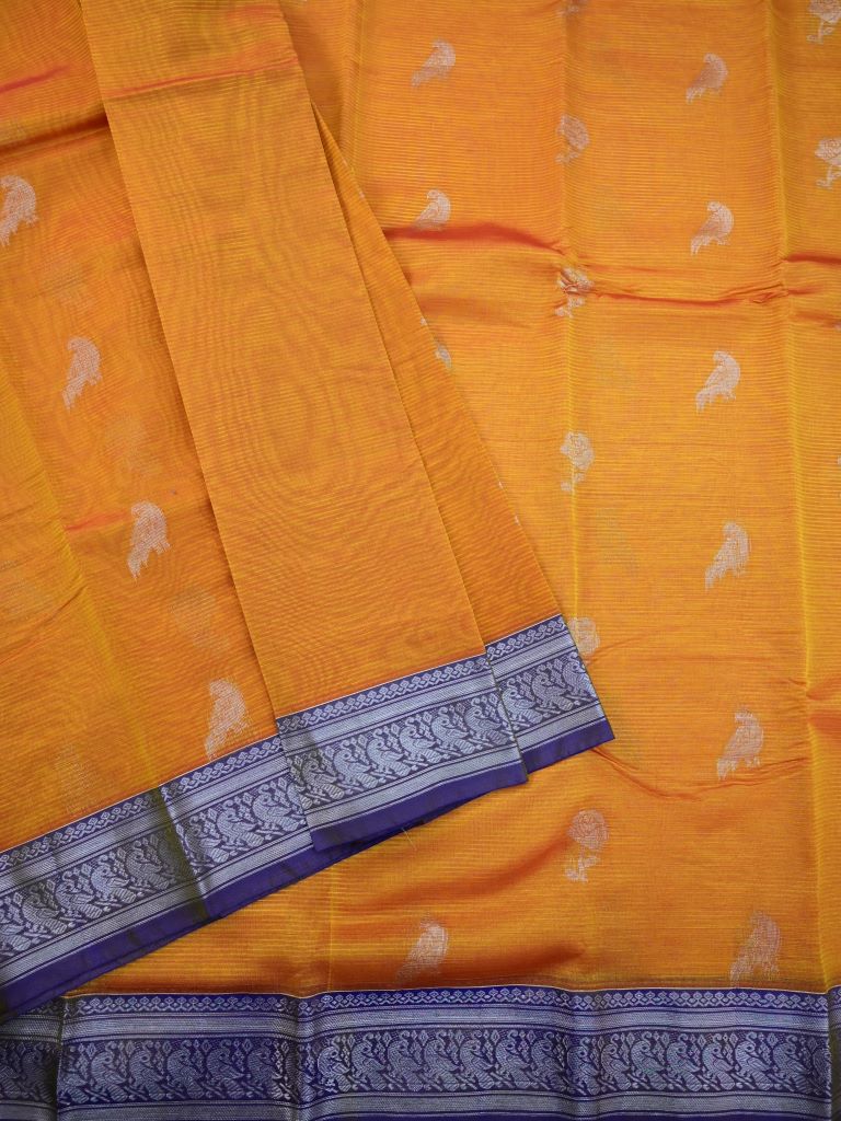 Mangalagiri pattu saree golden yellow color allover zari weaves & zari border with rich pallu and plain contrast blouse