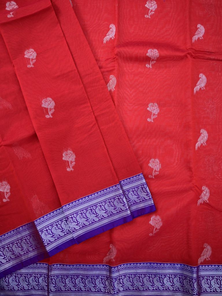 Mangalagiri pattu saree red color allover zari weaves & zari border with rich pallu and plain contrast blouse