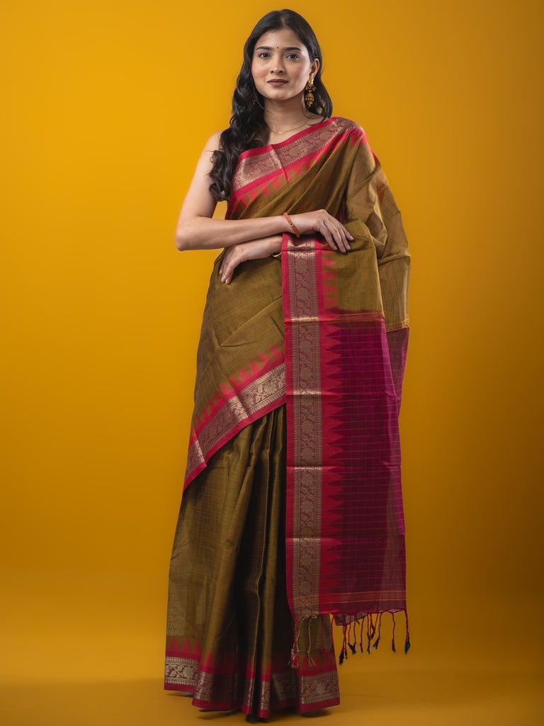 Dhaka cotton saree mustard yellow color allover checks & temple border with contrast pallu and running blouse