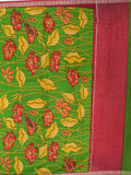 Maheswari fancy saree parrot green color allover prints & small zari border with short pallu and plain contrast blouse