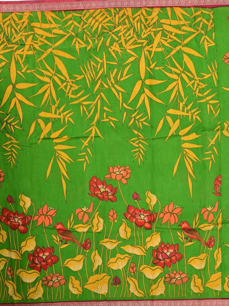 Maheswari fancy saree parrot green color allover prints & small zari border with short pallu and plain contrast blouse