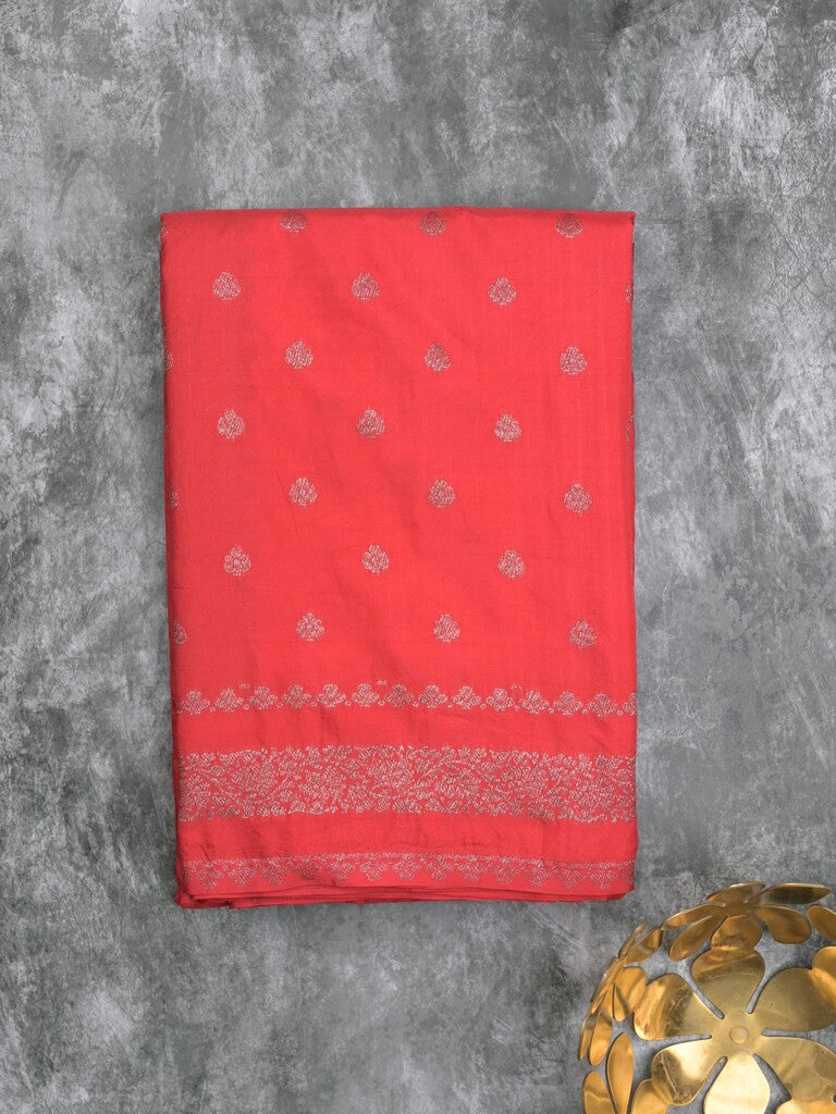 Chanderi kora fancy saree red color allover zari motifs & zari border with rich pallu and plain blouse