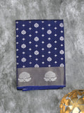 Chanderi kora fancy saree navy blue color allover zari motifs & zari border with rich pallu and plain blouse