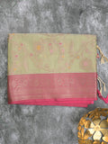 Kota tissue fancy saree light pista green color allover zari weaves & zari border with rich pallu and contrast tissue blouse