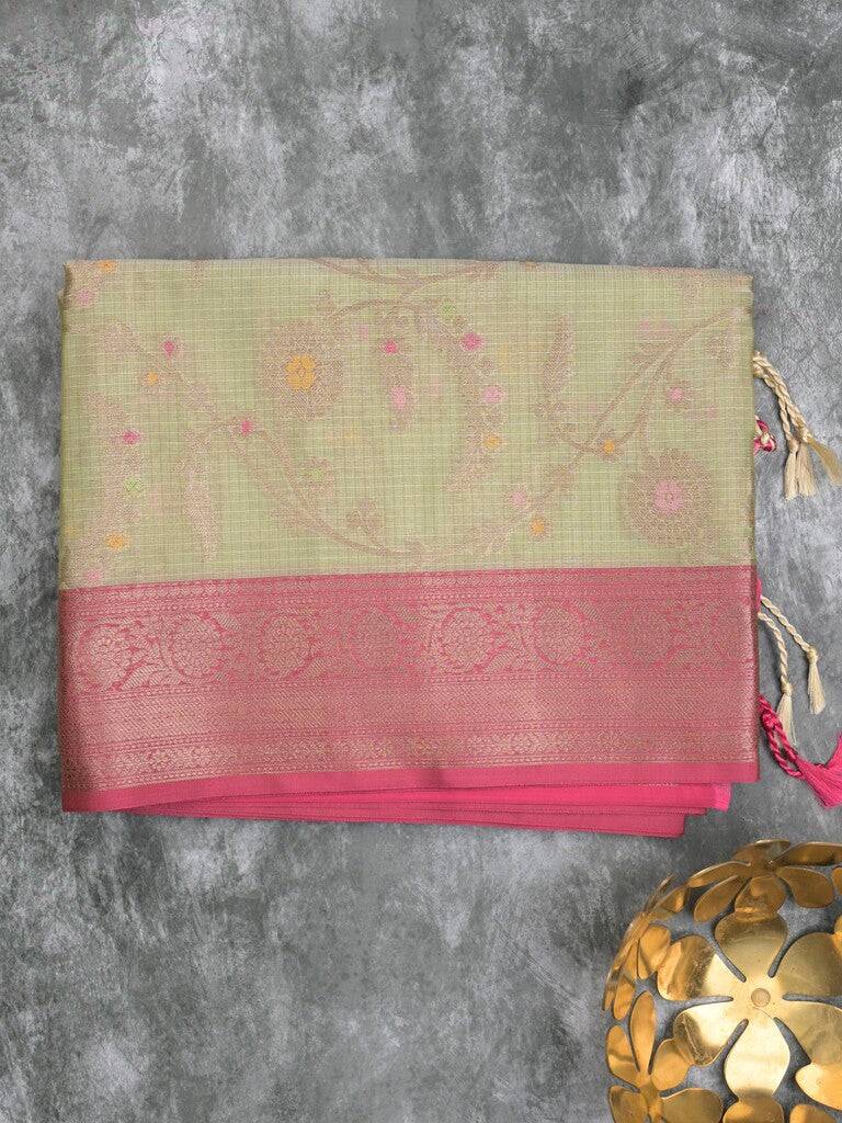 Kota tissue fancy saree light pista green color allover zari weaves & zari border with rich pallu and contrast tissue blouse
