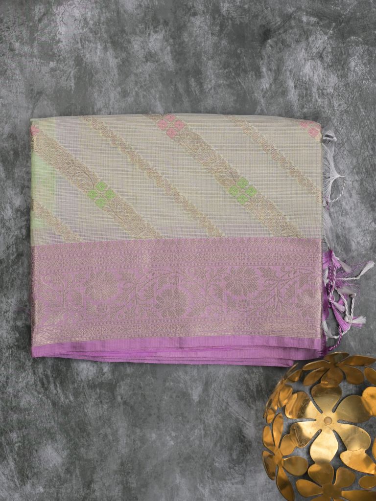 Kota tissue fancy saree light pista green color allover zari weaves & zari border with rich pallu and contrast tissue blouse