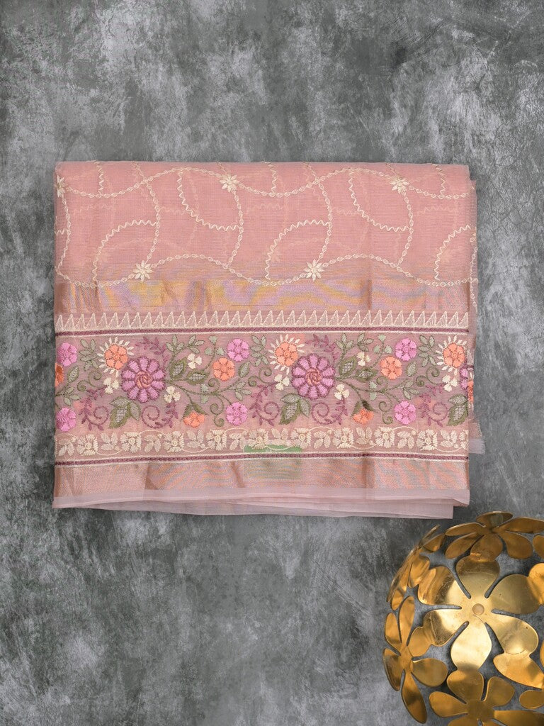 Organza fancy saree light peach color allover embroidery & embroidery border with short zari pallu and plain self blouse