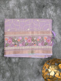Organza fancy saree lavender color allover embroidery & embroidery border with short zari pallu and plain self blouse