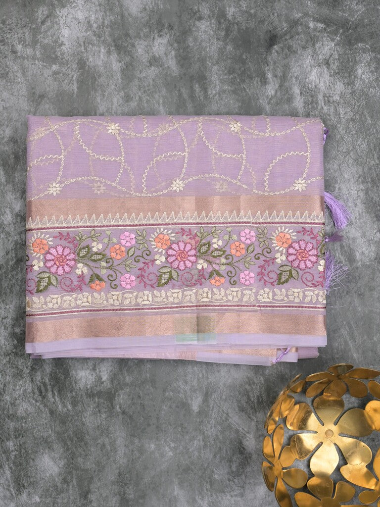 Organza fancy saree lavender color allover embroidery & embroidery border with short zari pallu and plain self blouse