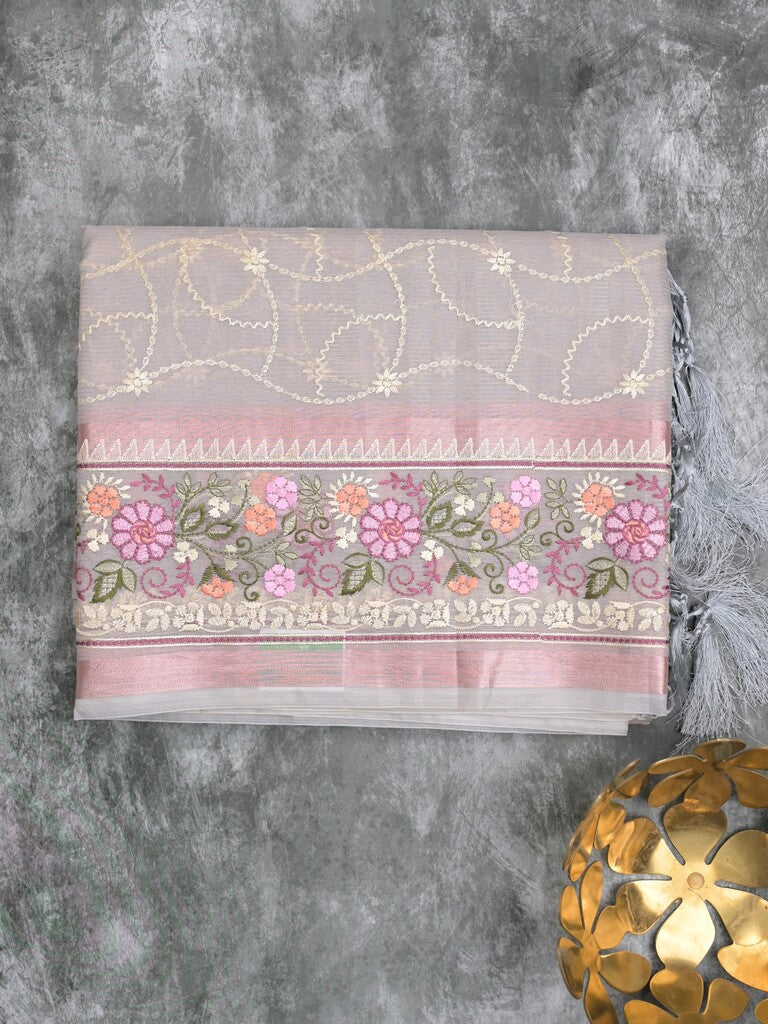Organza fancy saree light grey color allover embroidery & embroidery border with short zari pallu and plain self blouse