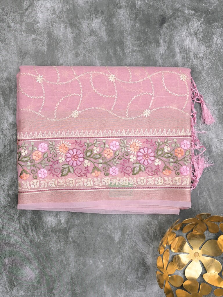Organza fancy saree light pink color allover embroidery & embroidery border with short zari pallu and plain self blouse