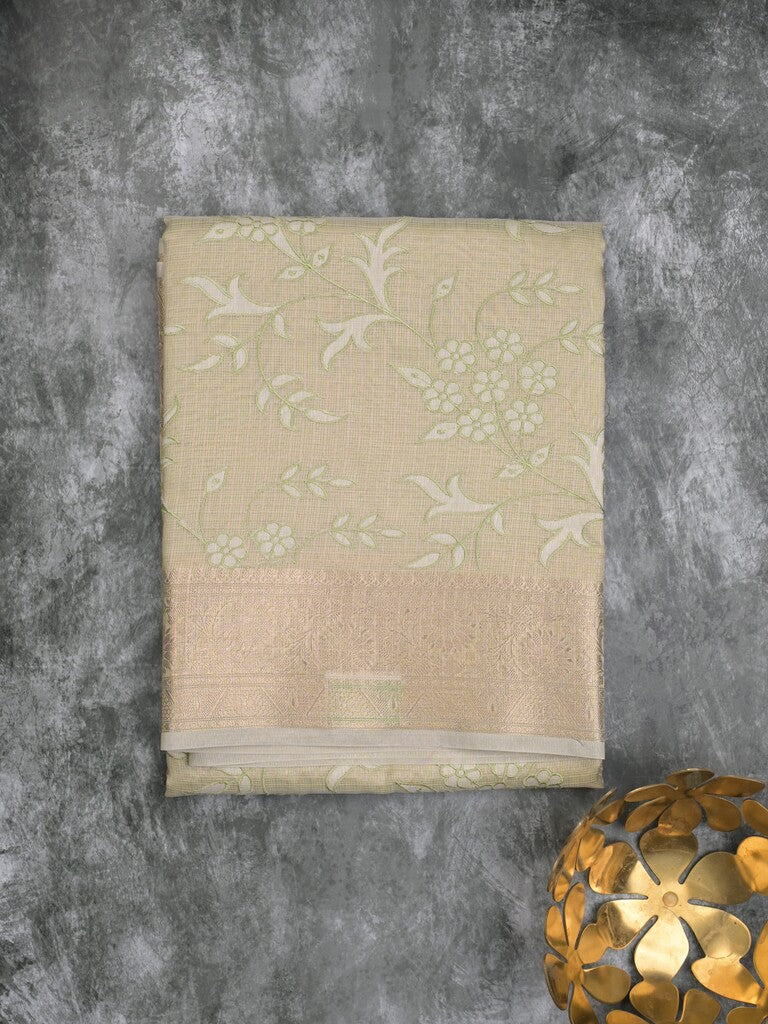 Kota tissue fancy saree light pista green color allover embroidery & zari border with short pallu and plain blouse