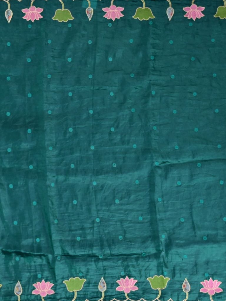 Soft organza fancy saree dark green color allover motifs & embroidery cutwork border with running pallu and contrast printed blouse