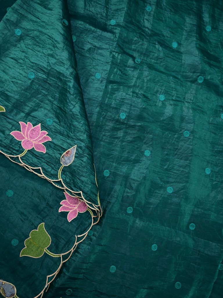 Soft organza fancy saree dark green color allover motifs & embroidery cutwork border with running pallu and contrast printed blouse