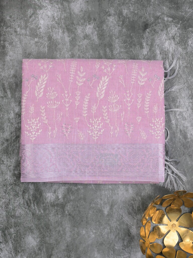 Jute tissue fancy saree light purple color allover embroidery & zari border with short pallu and plain self blouse