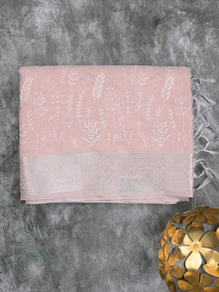 Jute tissue fancy saree light peach color allover embroidery & zari border with short pallu and plain self blouse