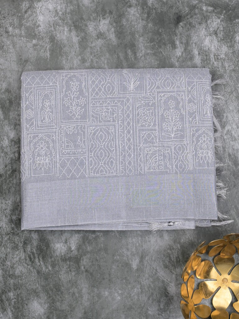 Jute tissue fancy saree gray color allover embroidery & kaddi border with short pallu and plain self blouse