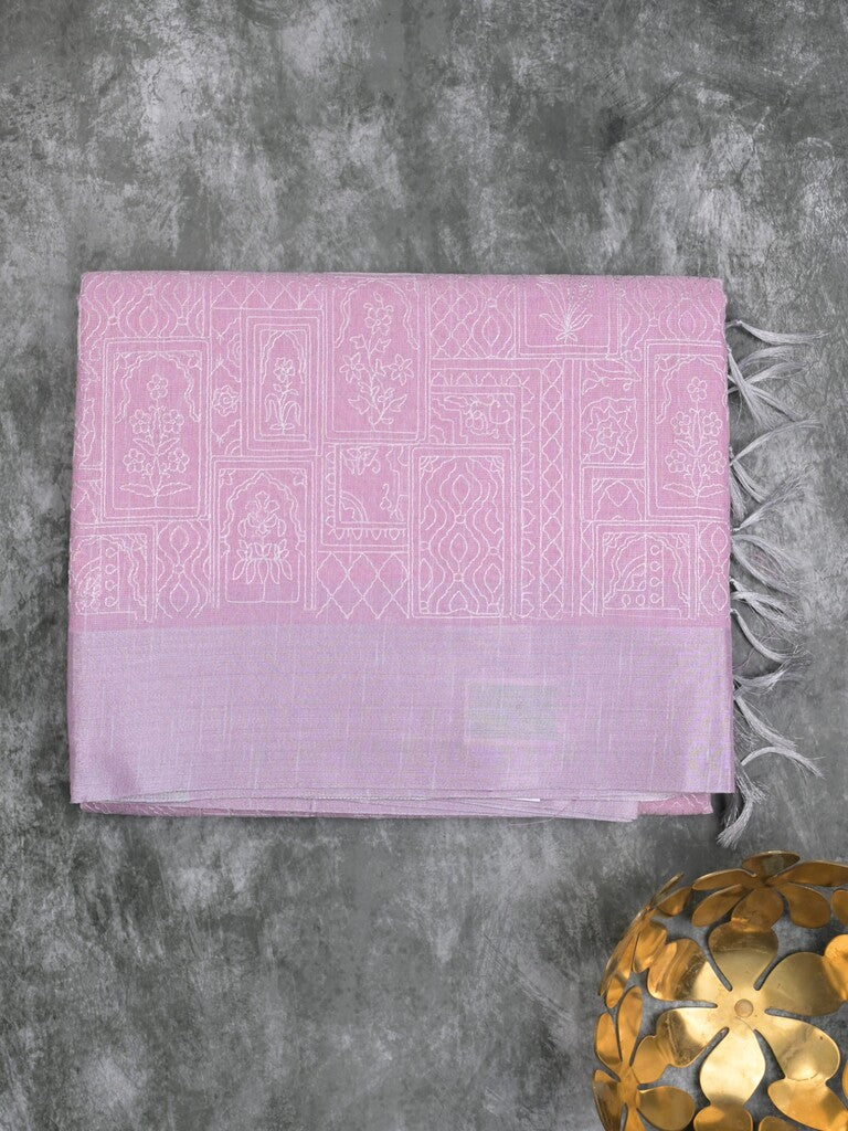 Jute tissue fancy saree lavender color allover embroidery & kaddi border with short pallu and plain self blouse