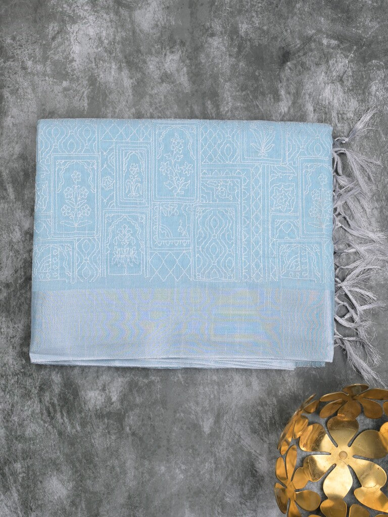 Jute tissue fancy saree sky blue color allover embroidery & kaddi border with short pallu and plain self blouse