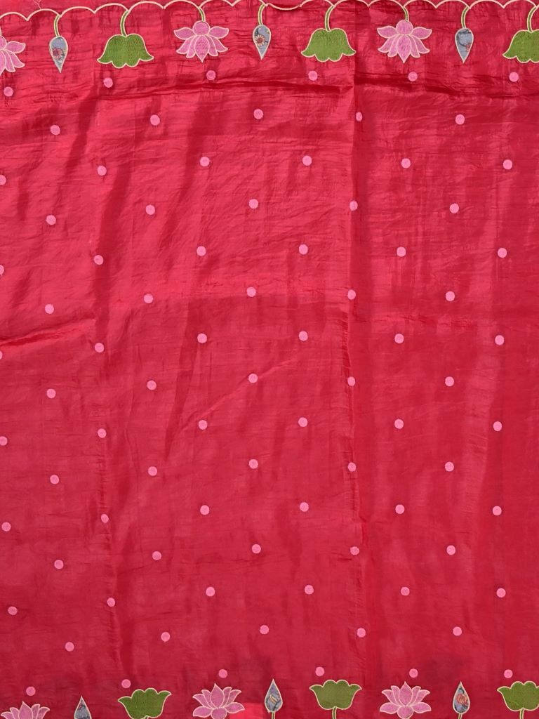 Soft organza fancy saree red color allover motifs & embroidery cutwork border with running pallu and contrast printed blouse